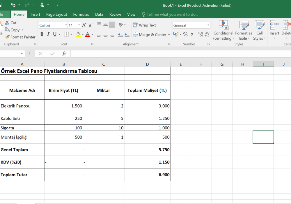 Pano Fiyatlandırma (Excel)